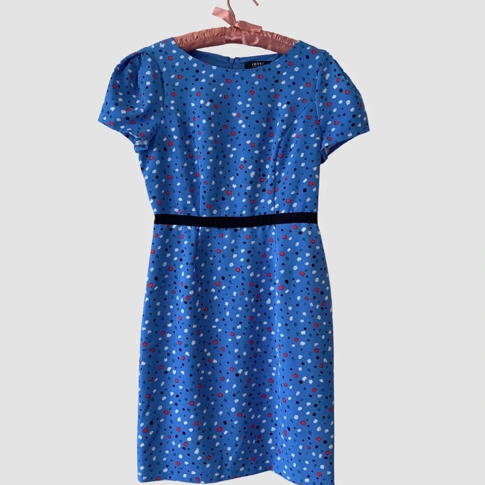 ISAAC MIZRAHI BLUE SHORT SLEEVE CONFETTI DRESS  RIBBON BELT - Picture 11 of 16